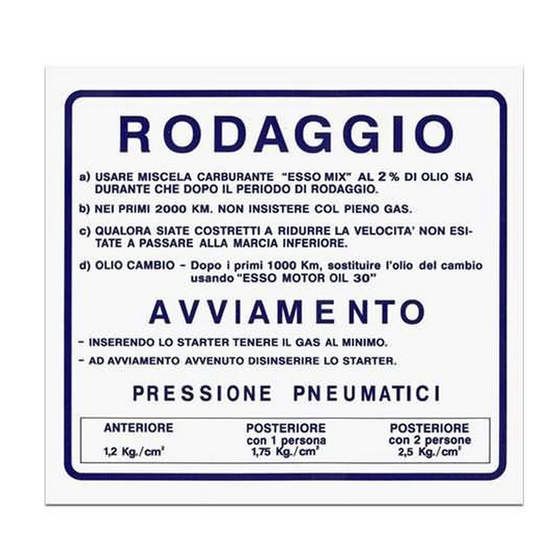 Etichetta norme di rodaggio...